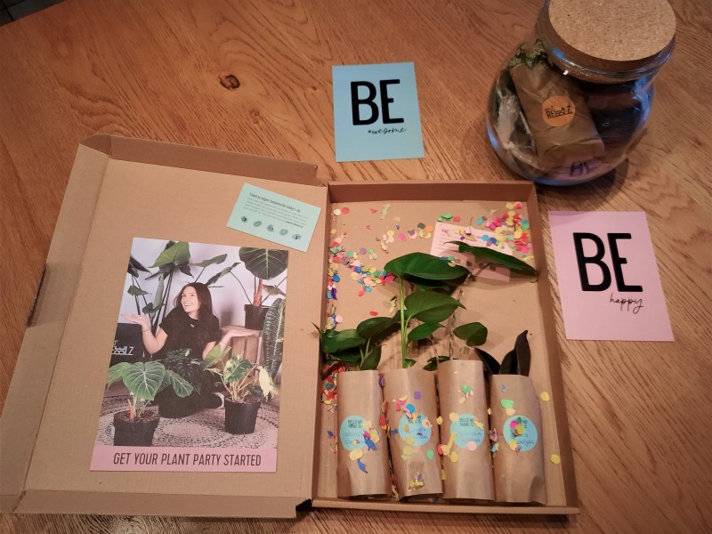4 stekjes in een postpakket versierd met confetti